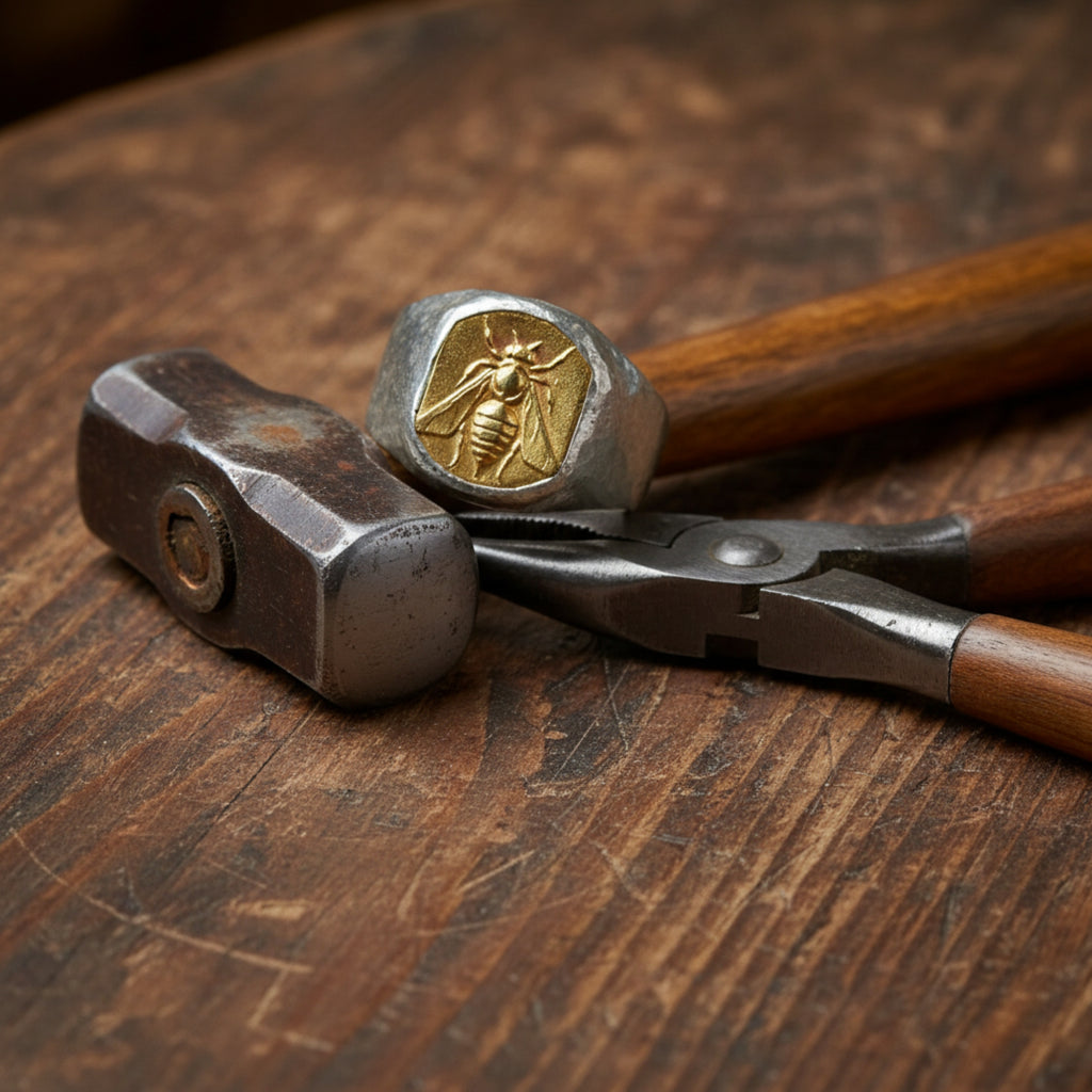 Ancient bee motif signet ring with gold finish, handcrafted men's jewelry symbolizing diligence and hard work
