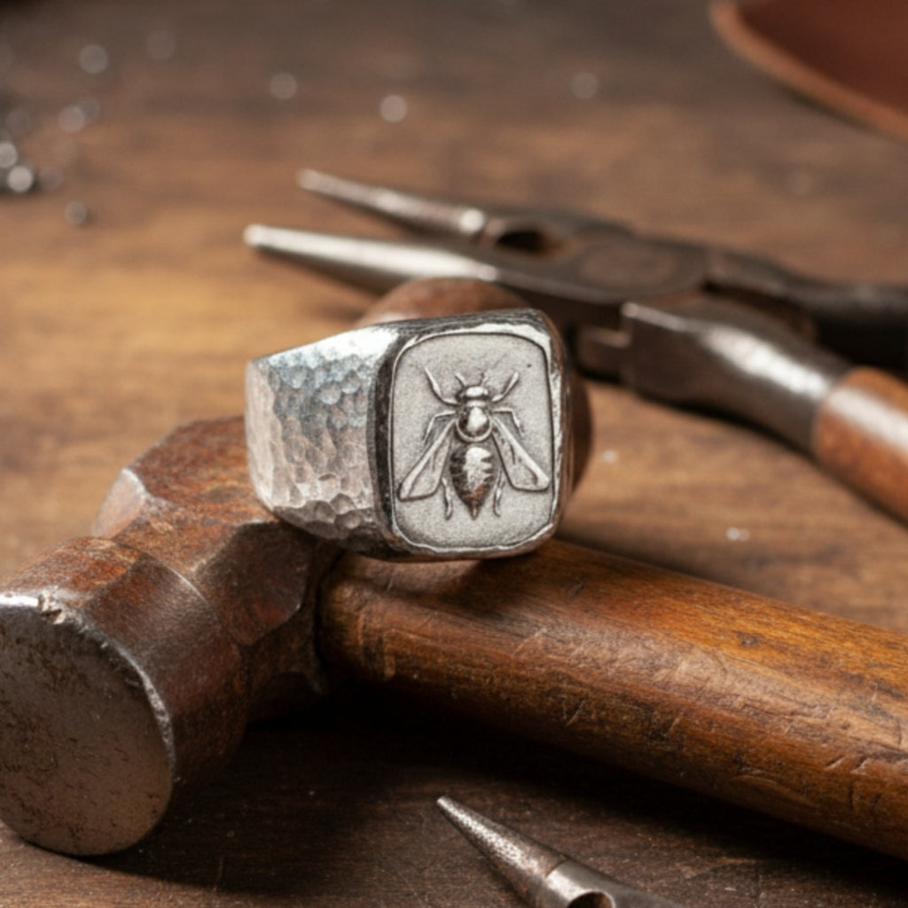 Silver bee signet ring on hand, 925 silver men's jewelry with ancient motif, perfect gift for men who love unique designer pieces
