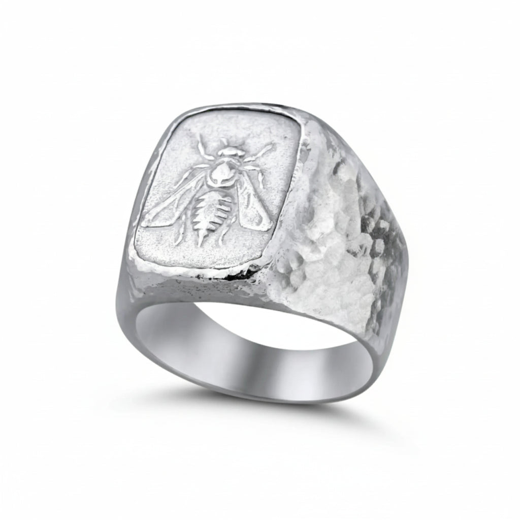Handmade silver bee signet ring by Sultan, 925 sterling silver with ancient Roman inspired design, symbol of diligence and hard work
