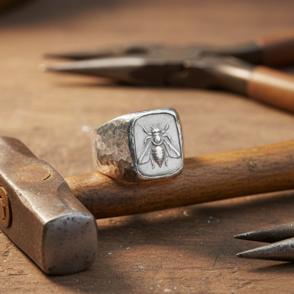 Designer silver bee coin ring inspired by ancient civilizations, handcrafted 925 silver jewelry from Bodrum workshop

