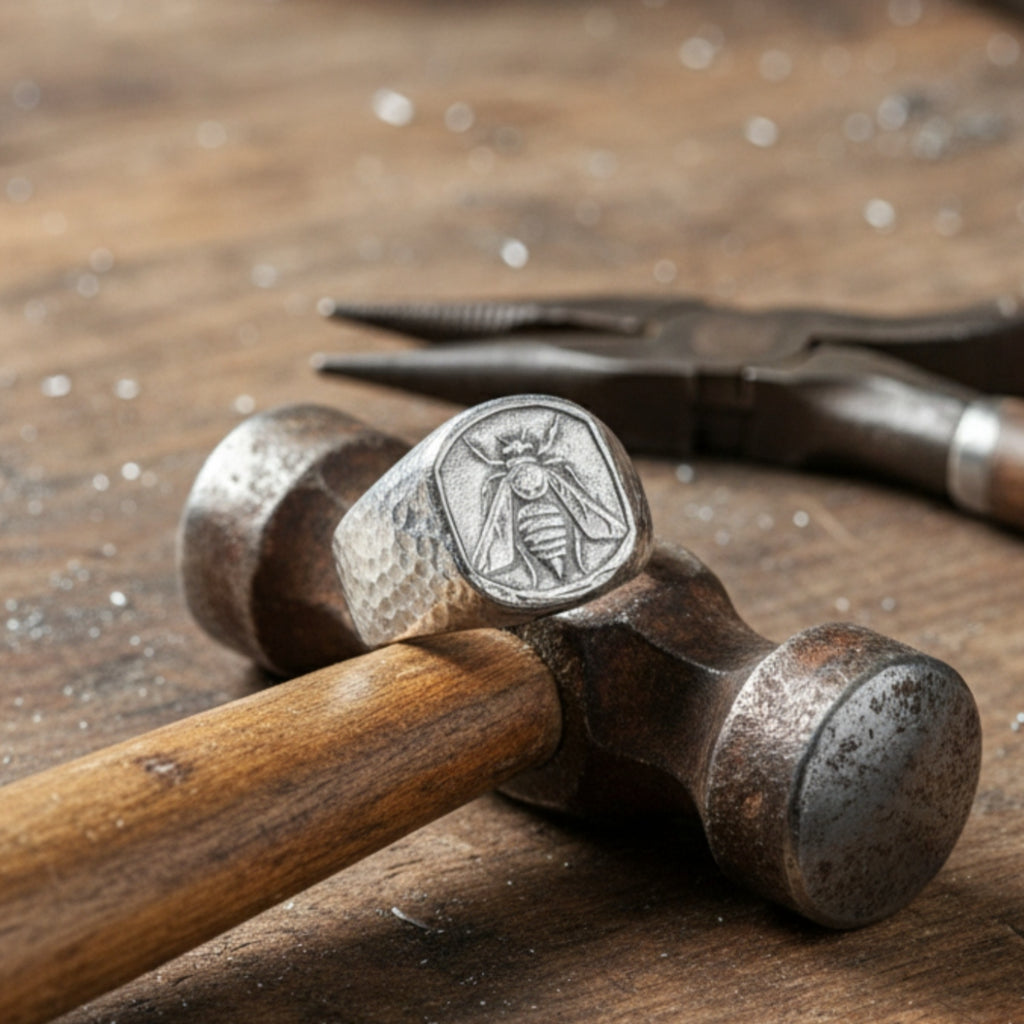 bee signet ring on hand, 925 silver men's jewelry with ancient motif, perfect gift for men who love unique designer pieces
