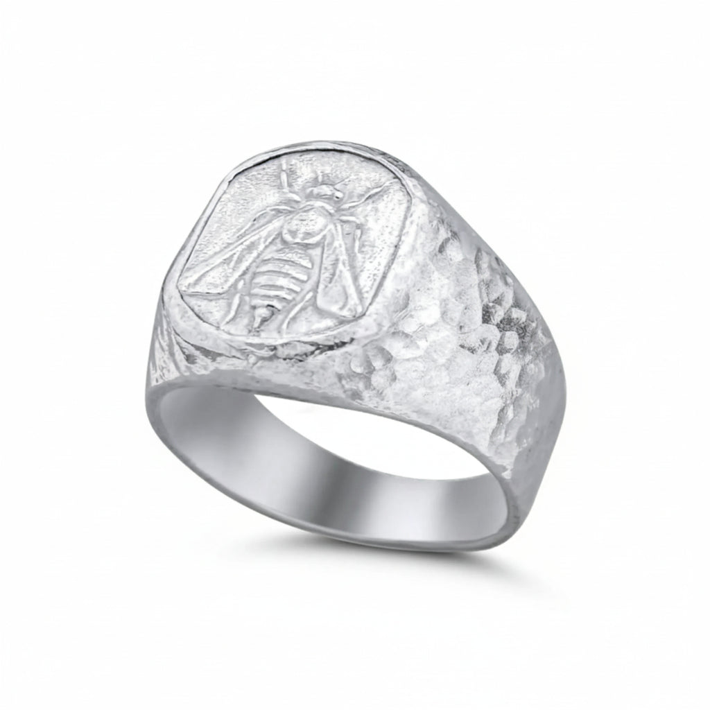 Handmade bee signet ring by Sultan, 925 sterling silver with ancient Roman inspired design, symbol of strength and diligence
