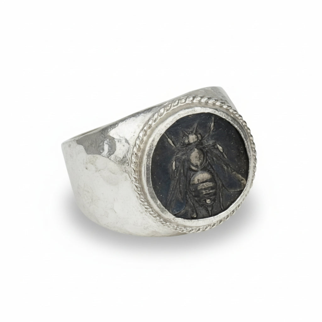 Handmade oxidized bee signet ring by Sultan, 925 sterling silver with ancient Roman inspired design, symbol of diligence and community
