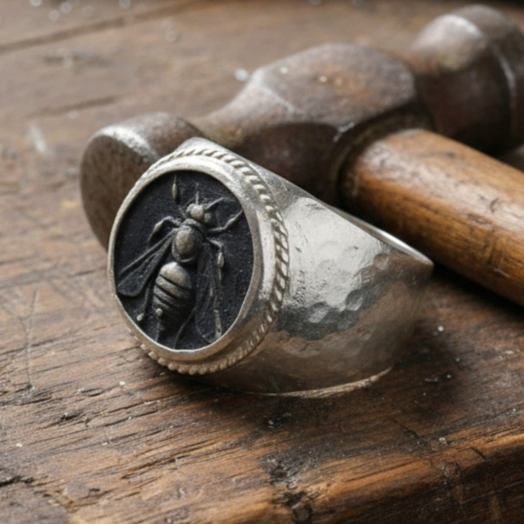 Designer oxidized bee coin ring inspired by ancient civilizations, handcrafted 925 silver jewelry from Bodrum workshop
