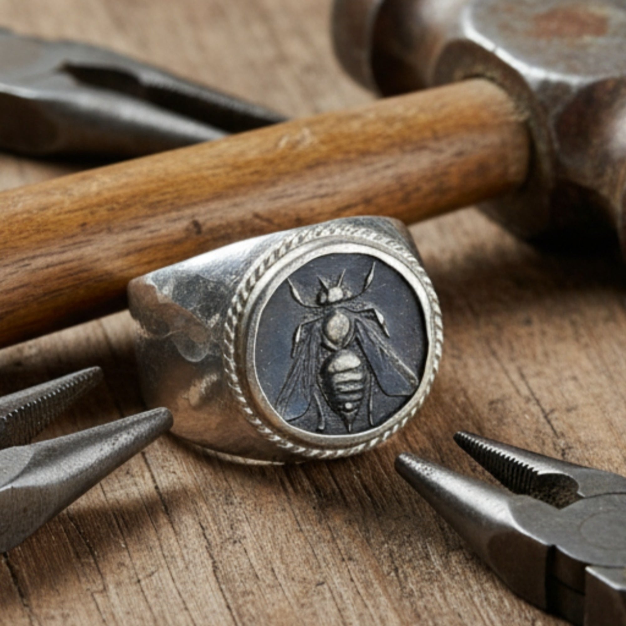 Turkish artisan bee signet ring with oxidized finish, 925 sterling silver men's jewelry handmade by Sultan in Bodrum atelier
