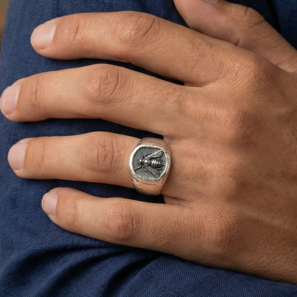 Turkish artisan bee ring with oxidized finish - authentic handmade craftsmanship from Bodrum atelier