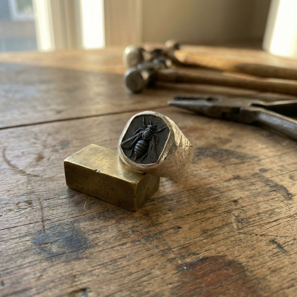 925 sterling silver bee coin ring - oxidized men's jewelry symbolizing abundance by designer Sultan