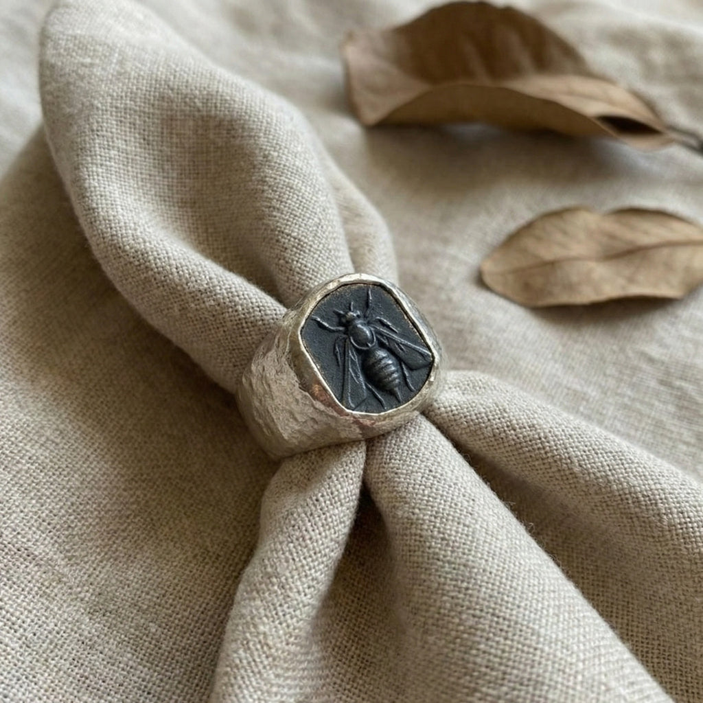 Hammered bee ring for men - fine Turkish jewelry crafted in Bodrum workshop with symbol of abundance"