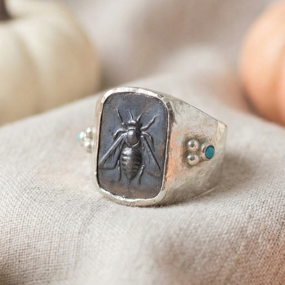 Bee coin signet ring in 925 sterling silver with ancient style design, handcrafted artisan men's jewelry gift by Sultan

