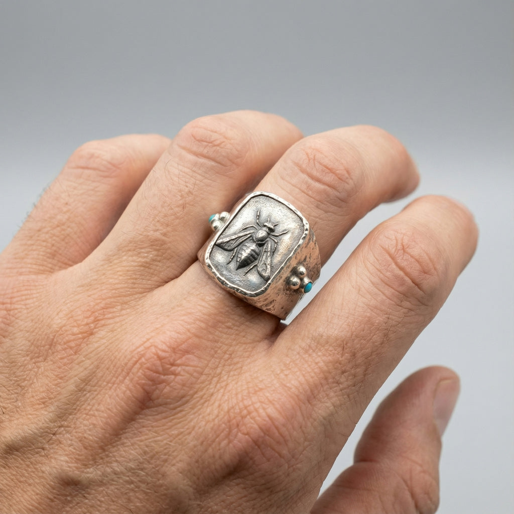 Ancient bee coin ring in 925 sterling silver with traditional Mediterranean craftsmanship, handcrafted Turkish men's jewelry symbolizing success and hard work

