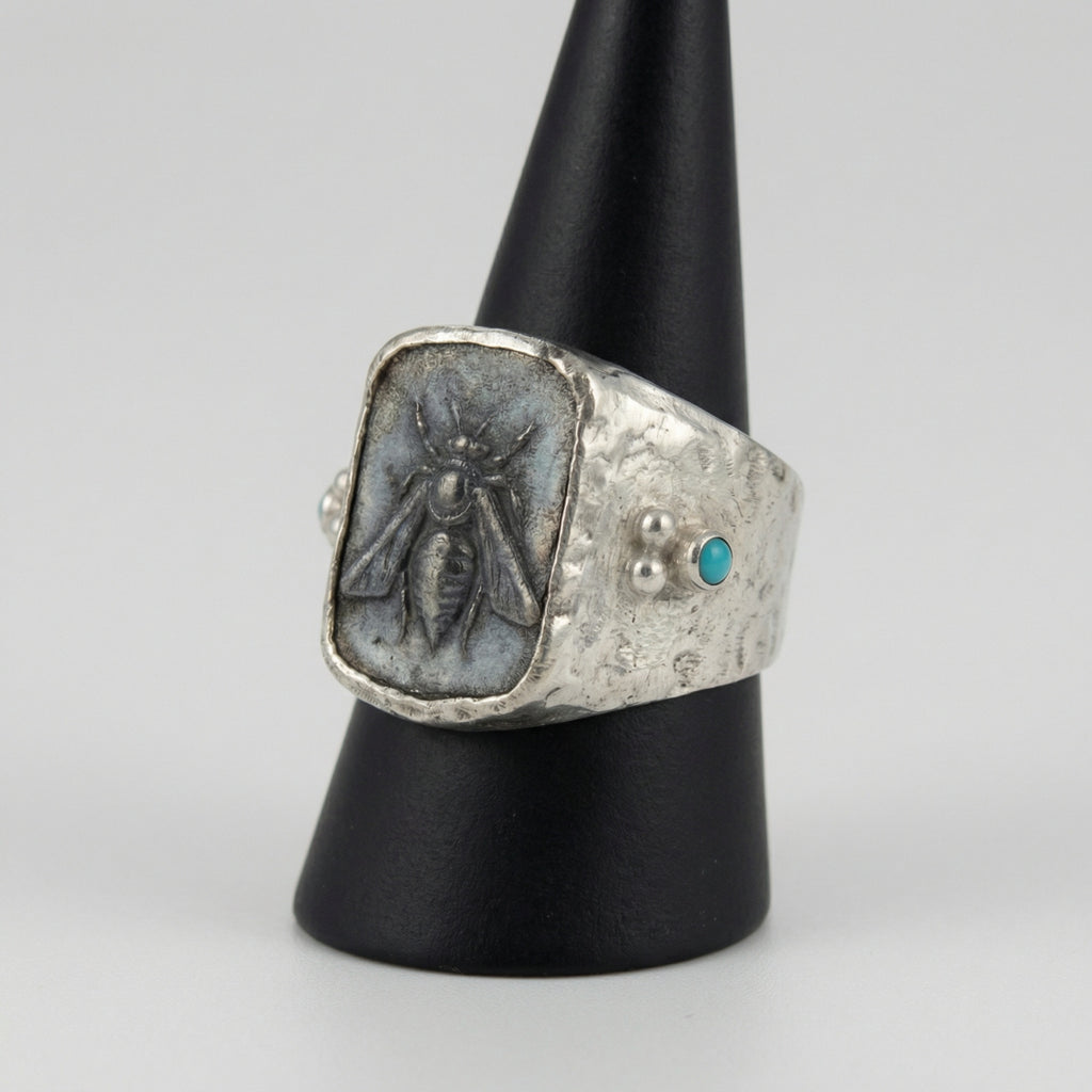 Handmade bee coin signet ring with Mediterranean craftsmanship in 925 silver, ancient style Turkish men's jewelry by Sultan Yilmaz Bodrum

