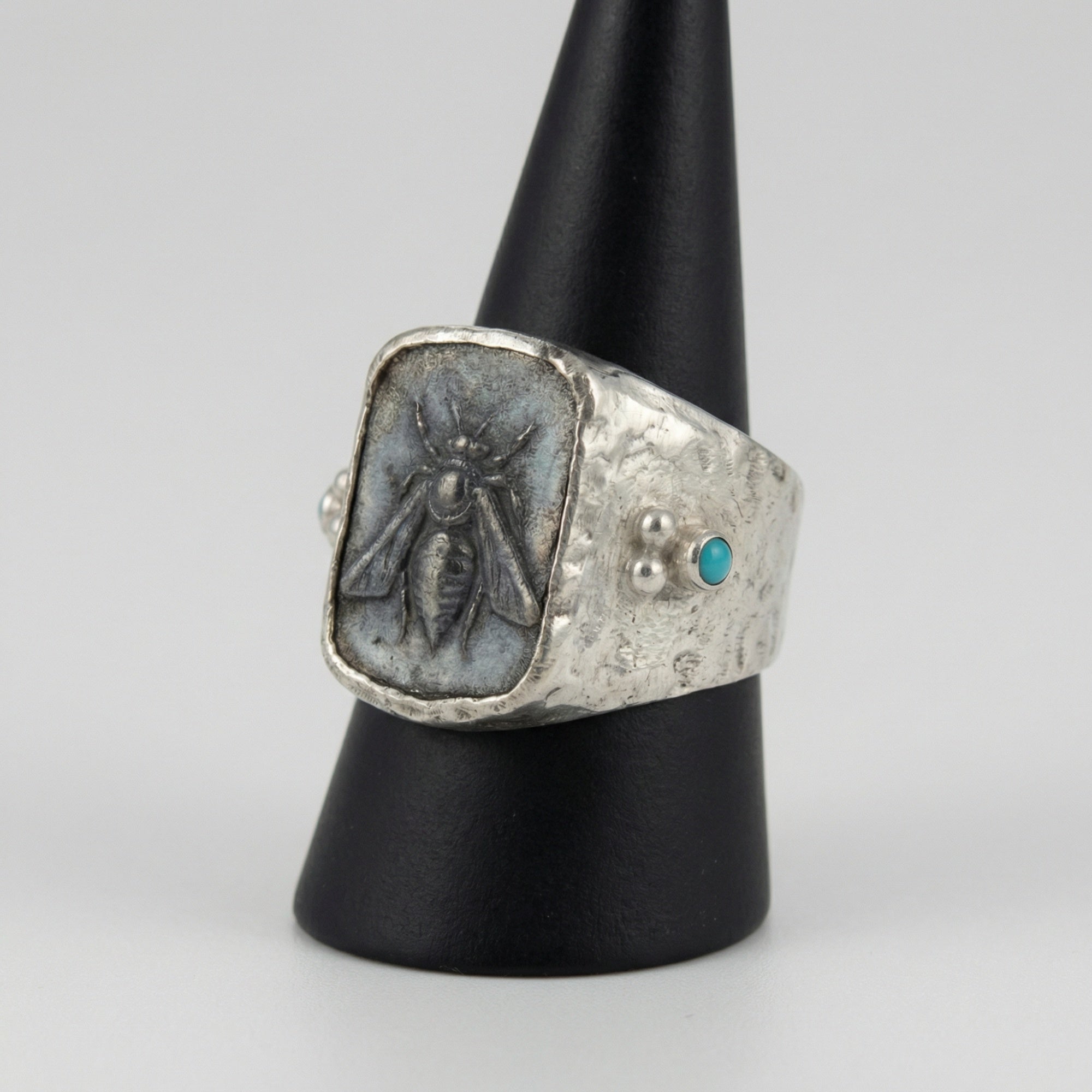 Handmade bee coin signet ring with Mediterranean craftsmanship in 925 silver, ancient style Turkish men's jewelry by Sultan Yilmaz Bodrum

