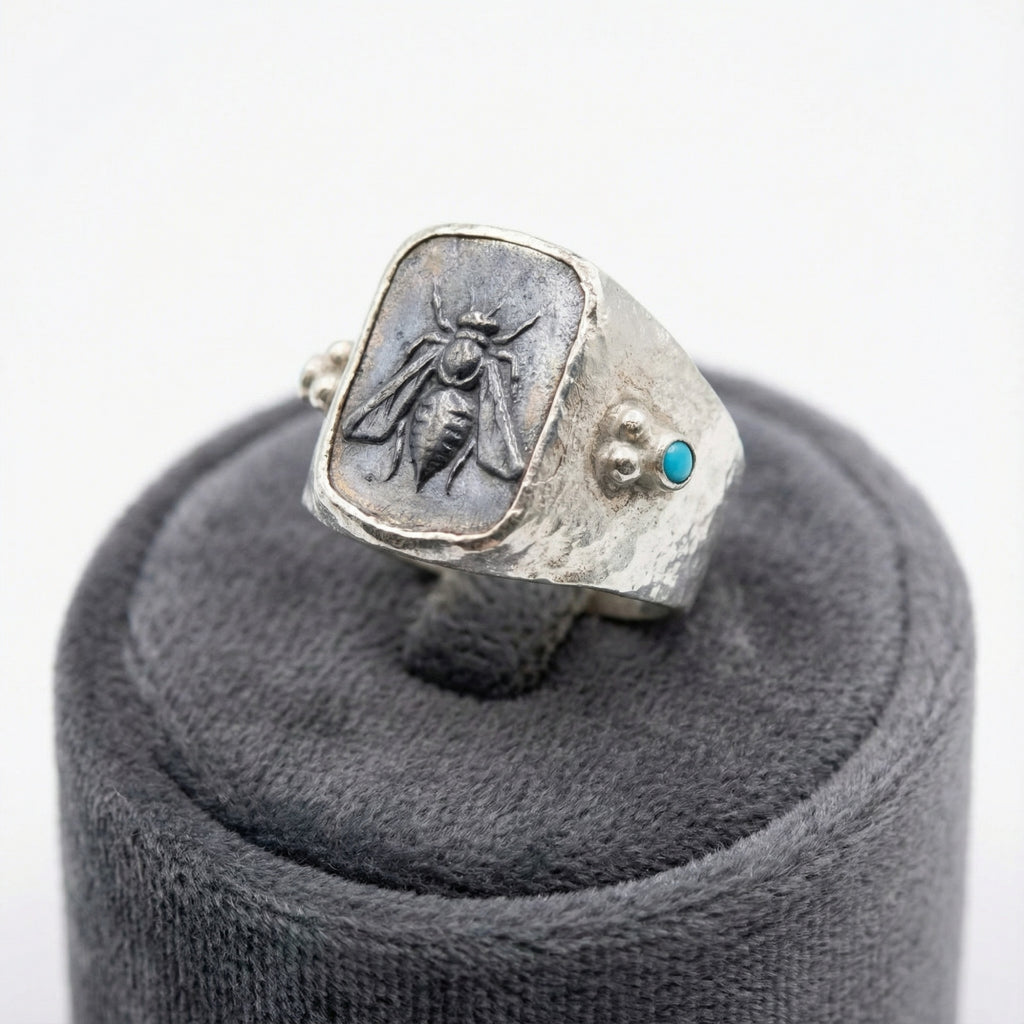 Designer bee coin ring in 925 sterling silver with traditional techniques, artisan Turkish men's jewelry symbolizing success by Sultan Bodrum
