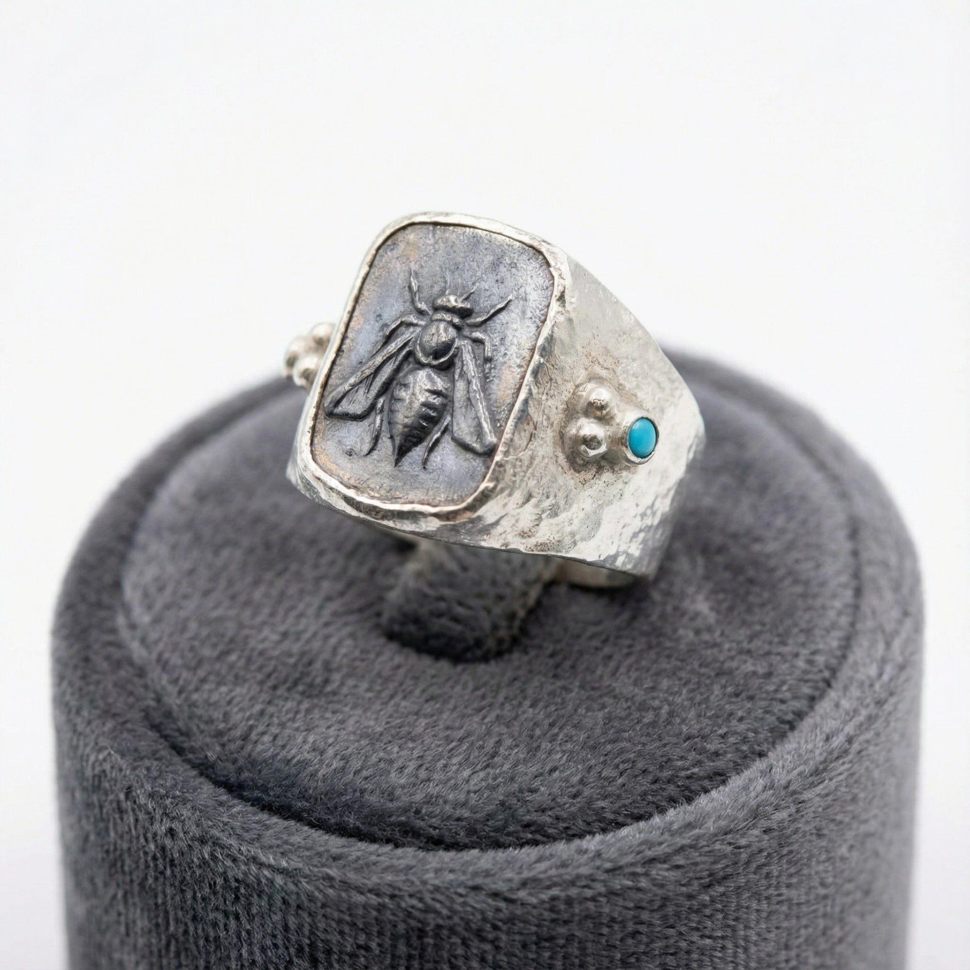 Designer bee coin ring in 925 sterling silver with traditional techniques, artisan Turkish men's jewelry symbolizing success by Sultan Bodrum
