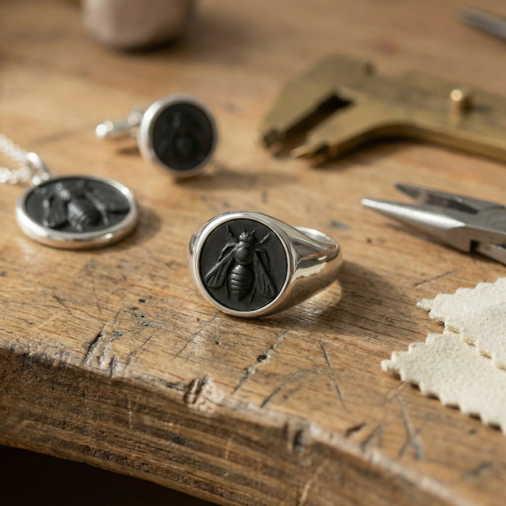 Ancient bee coin signet ring in 925 sterling silver with oxidized satin finish, handcrafted Turkish men's jewelry by designer Sultan
