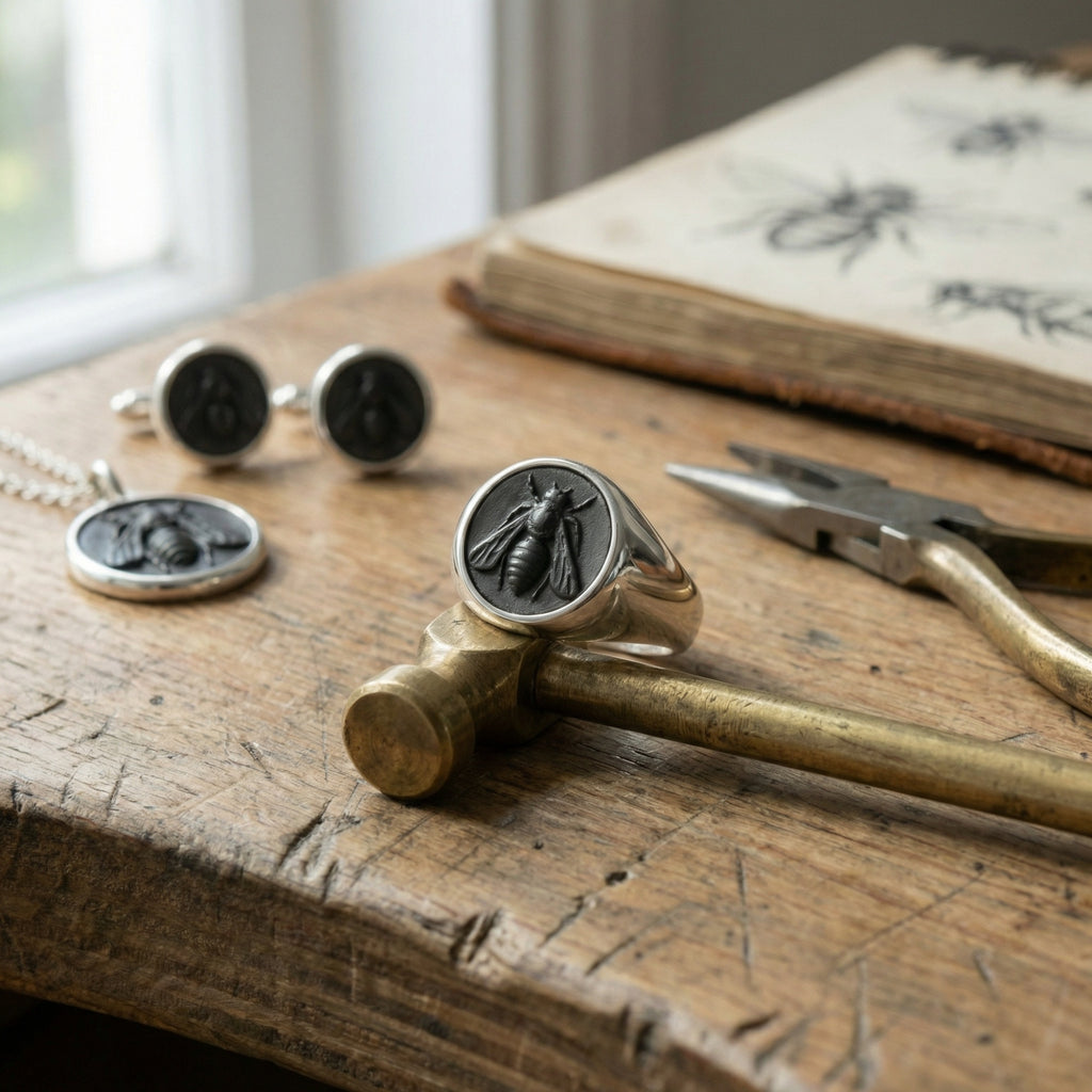 Designer handmade statement bee coin ring in 925 silver with oxidized finish and optional gold plating, Turkish men's jewelry by Sultan Bodrum