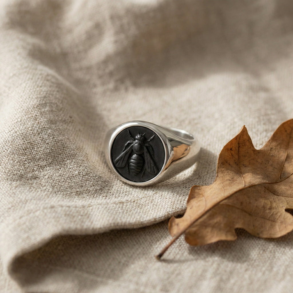 Oxidized bee coin signet ring in 925 sterling silver with ancient style design, handcrafted artisan men's jewelry gift by Sultan
