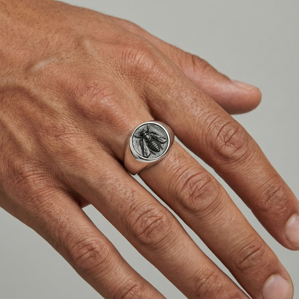 Limited edition bee coin ring in 925 sterling silver with oxidized texture, handcrafted Turkish men's jewelry symbolizing abundance and prosperity
