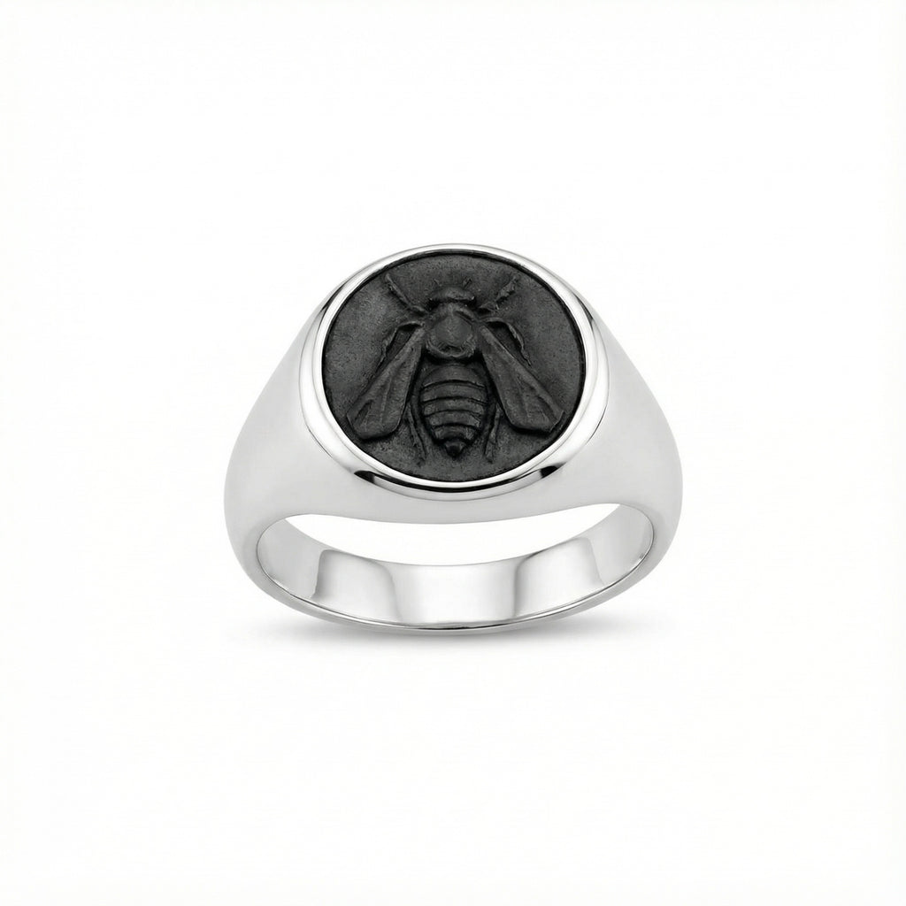 Handmade bee coin signet ring for men in 925 sterling silver with oxidized satin finish, artisan jewelry by Sultan Yilmaz Bodrum featuring ancient style design

