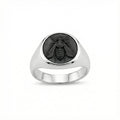 Handmade bee coin signet ring for men in 925 sterling silver with oxidized satin finish, artisan jewelry by Sultan Yilmaz Bodrum featuring ancient style design

