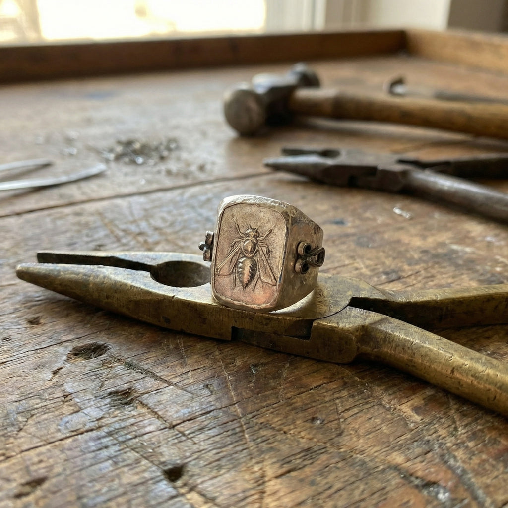 Ancient bee coin ring in 925 sterling silver with coin and hand-forged hammered texture, handcrafted Turkish jewelry symbolizing diligence
