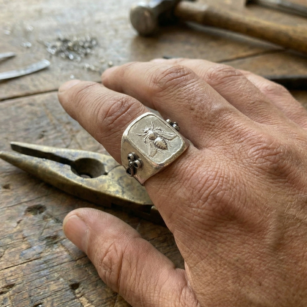Designer handmade bee coin signet ring in 925 silver with hammered finish and optional silver, Ancient Roman inspired Turkish jewelry gift by Sultan
