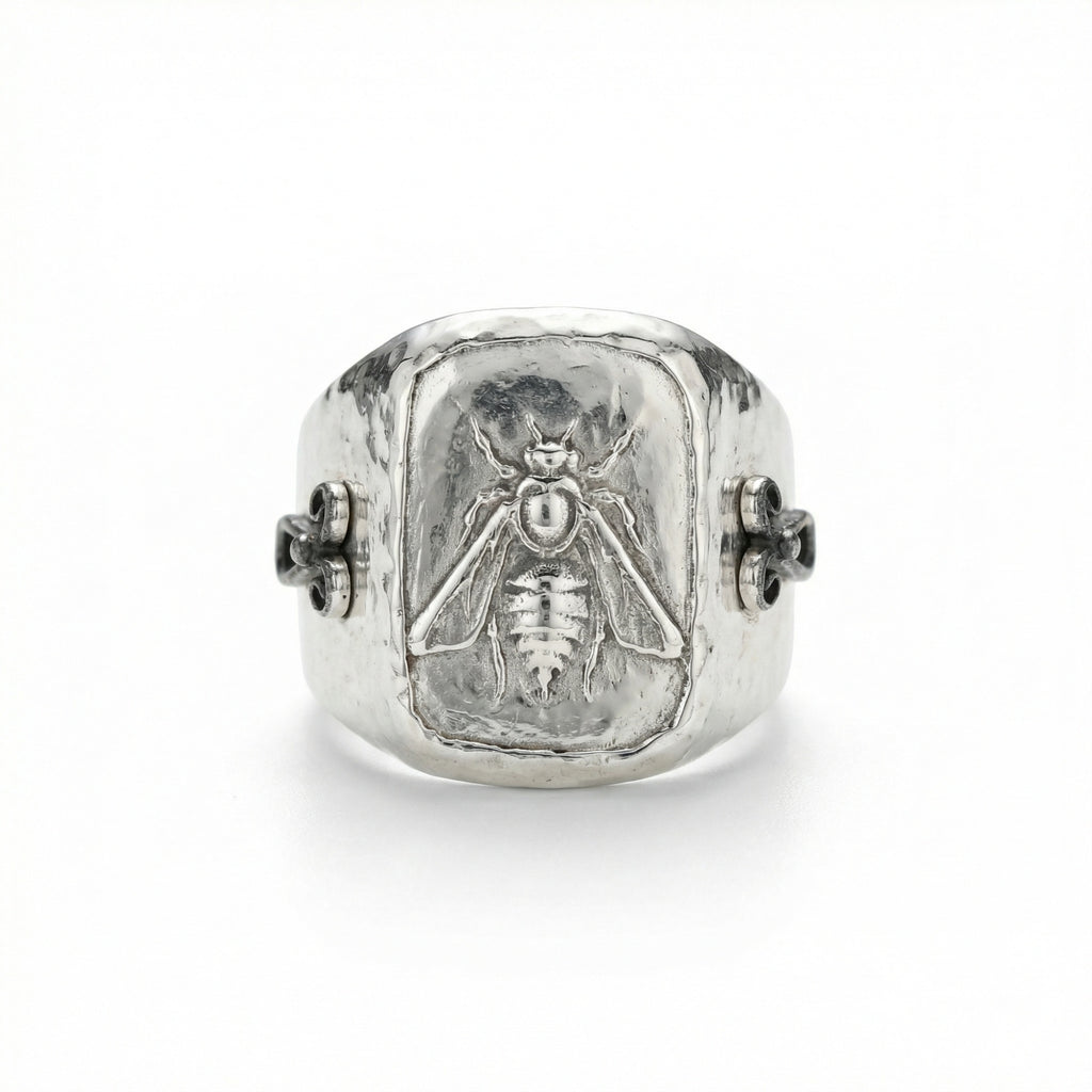 Hammered bee coin ring in 925 sterling silver with ancient Roman design, handcrafted artisan jewelry by Sultan Bodrum

