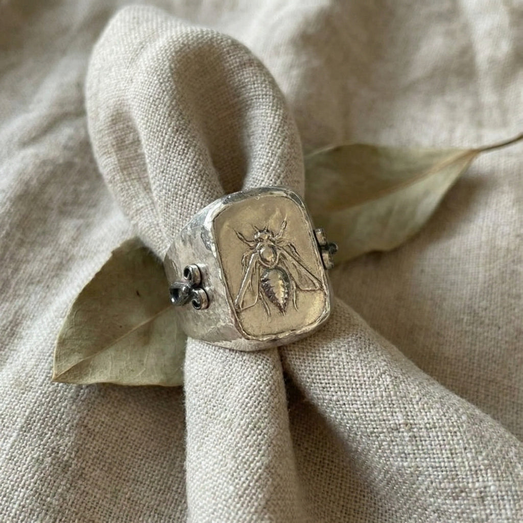 Hammered bee coin ring in 925 sterling silver with ancient Roman design, handcrafted artisan jewelry by Sultan Bodrum

