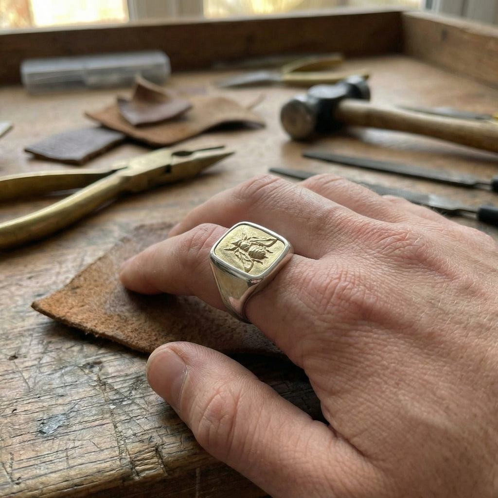 Ancient bee coin ring in 925 sterling silver with 14x25mm coin detail, handcrafted Turkish jewelry symbolizing community and industry
