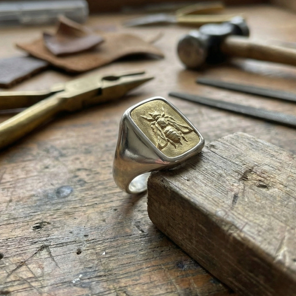US Duties Incl: Artisan Silver Bee Coin Ring, 925 Silver, Symbol of Community, Turkish Jewelry