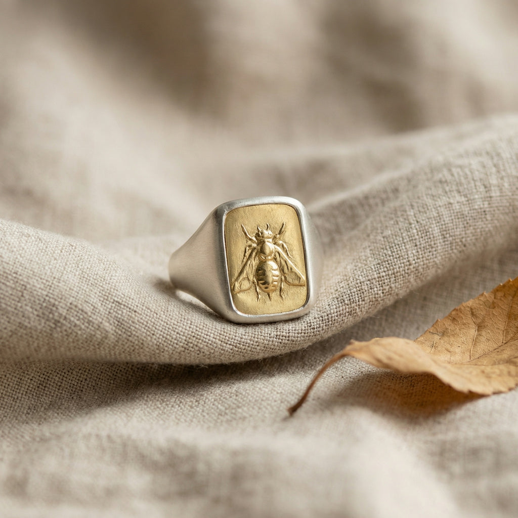Designer handmade statement bee coin signet ring in 925 silver with optional gold plating, Ancient Roman inspired Turkish jewelry by Sultan
