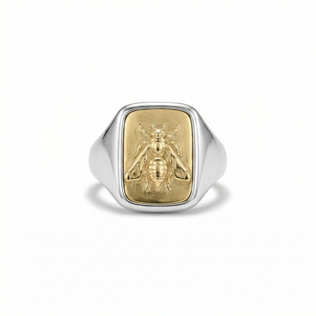 Handmade bee coin signet ring in 925 sterling silver with satin finish, artisan jewelry by Sultan Yilmaz Bodrum featuring ancient Roman inspired design
