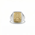 Handmade bee coin signet ring in 925 sterling silver with satin finish, artisan jewelry by Sultan Yilmaz Bodrum featuring ancient Roman inspired design
