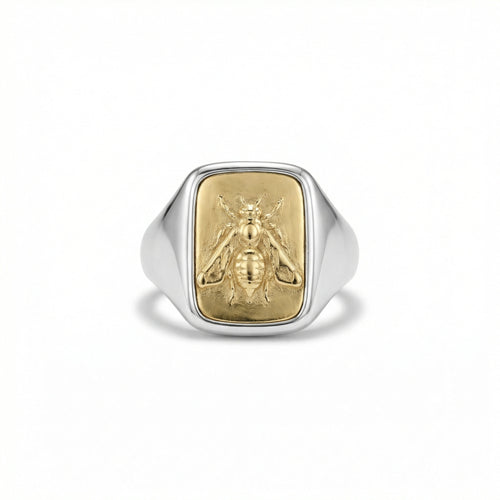 Handmade bee coin signet ring in 925 sterling silver with satin finish, artisan jewelry by Sultan Yilmaz Bodrum featuring ancient Roman inspired design
