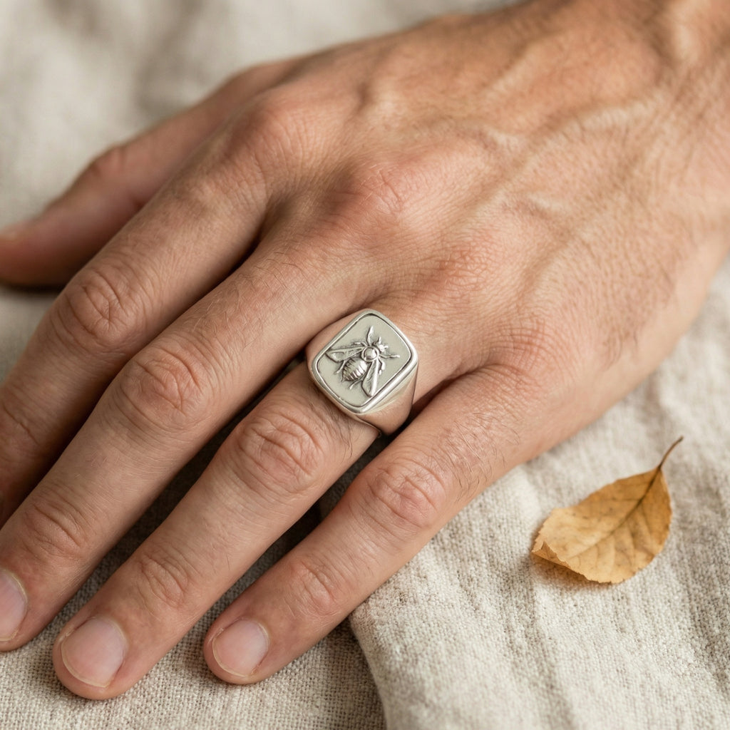 Ancient bee coin ring in 925 sterling silver with 14x25mm coin detail, handcrafted Turkish men's jewelry symbolizing diligence and connection to history
