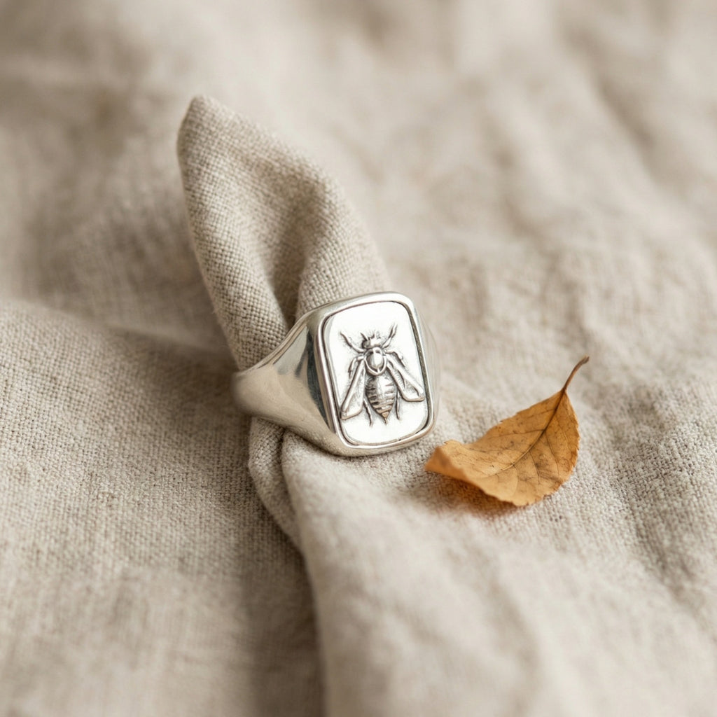Limited edition bee coin ring in 925 sterling silver with ancient Roman design, handcrafted artisan men's jewelry gift by Sultan Bodrum

