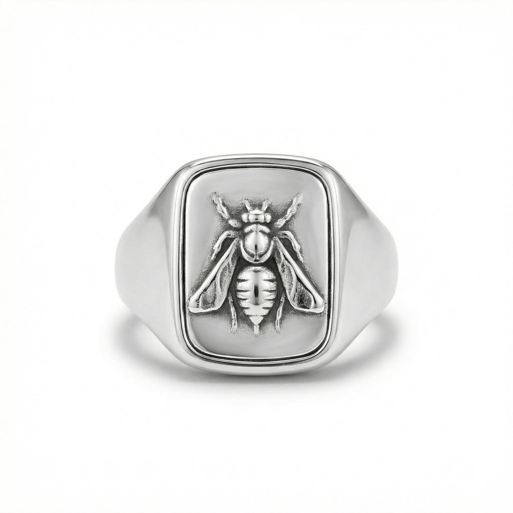 Handmade bee coin signet ring for men in 925 sterling silver with satin finish, artisan jewelry by Sultan Yilmaz Bodrum featuring ancient Roman inspired design
