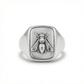 Handmade bee coin signet ring for men in 925 sterling silver with satin finish, artisan jewelry by Sultan Yilmaz Bodrum featuring ancient Roman inspired design
