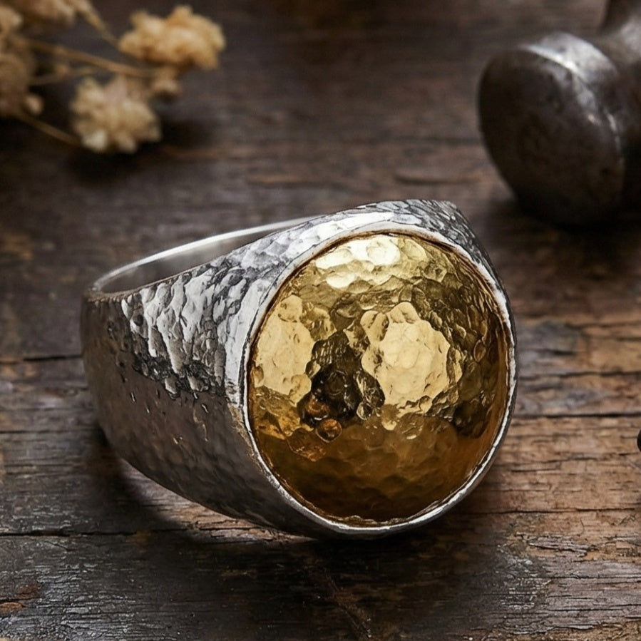 Handmade statement dome ring - designer Turkish jewelry with hammered finish for men