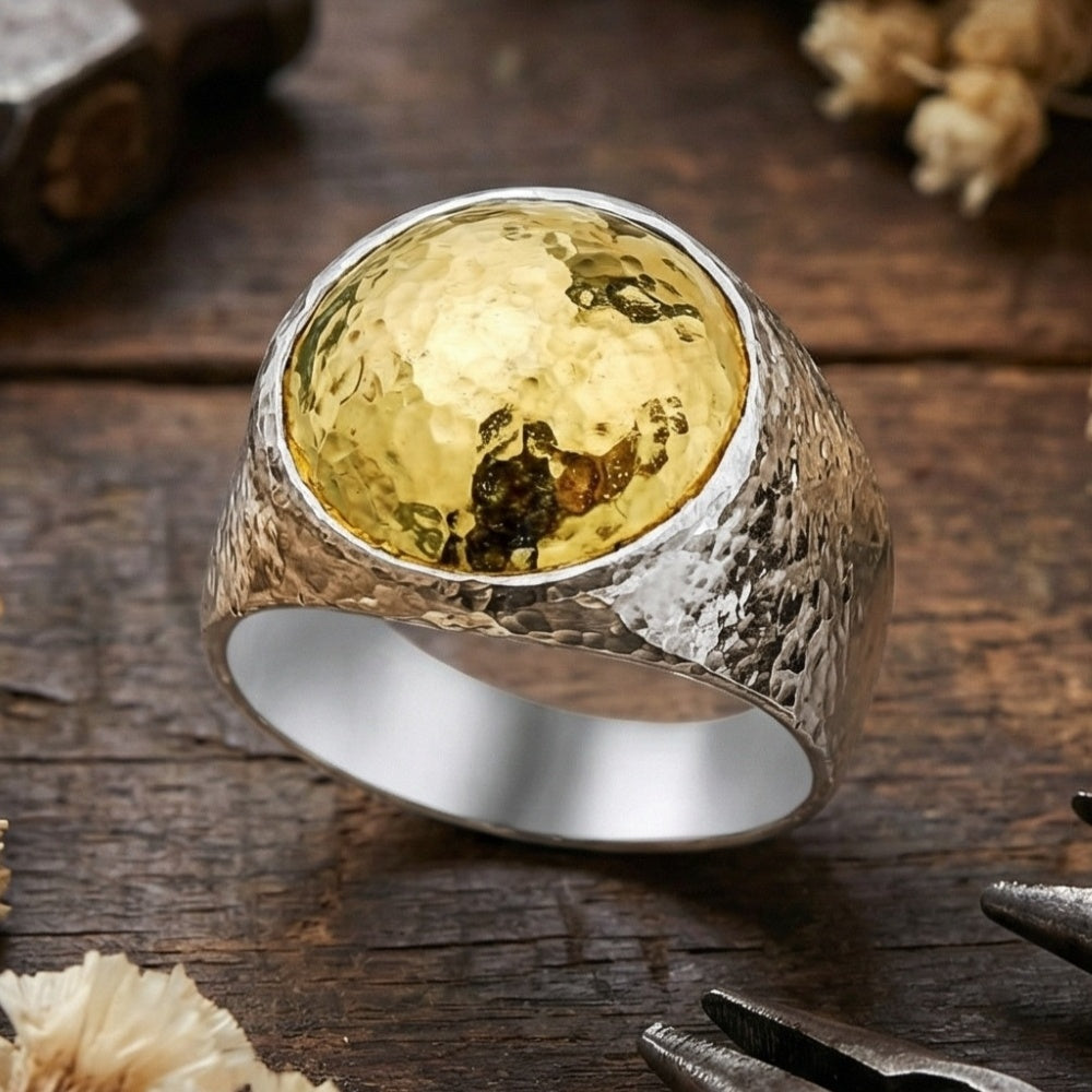 Turkish artisan dome ring with hammered texture - authentic handmade craftsmanship from Bodrum atelier