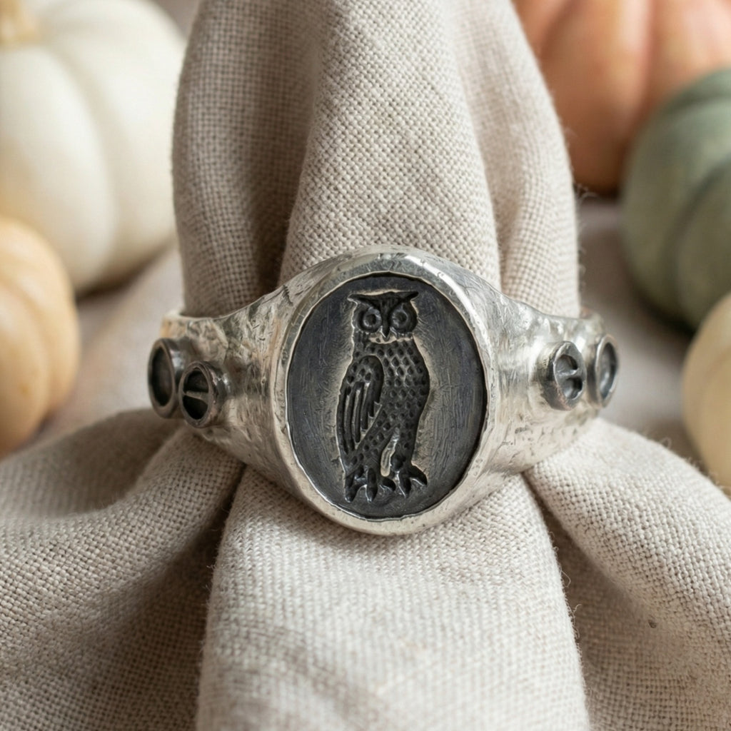 925 sterling silver owl wisdom ring - oxidized finish men's signet jewelry by designer Sultan