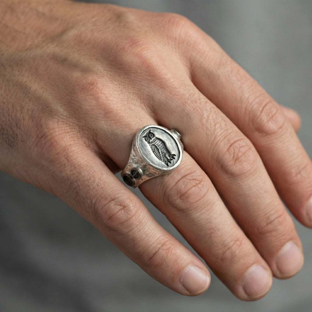 Turkish artisan owl ring with hammered band - authentic handmade craftsmanship from Bodrum atelier"