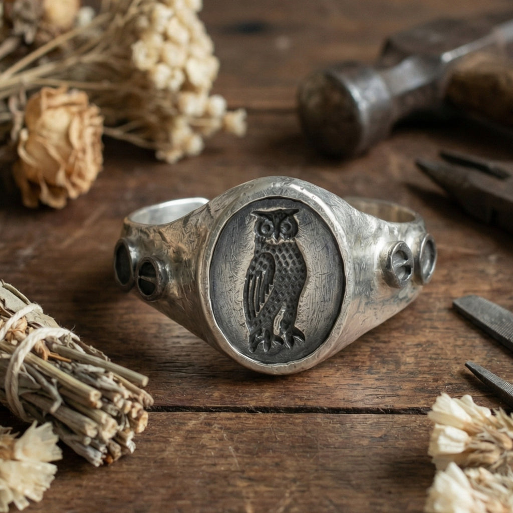 Limited edition owl signet ring - fine Turkish jewelry crafted in Bodrum workshop