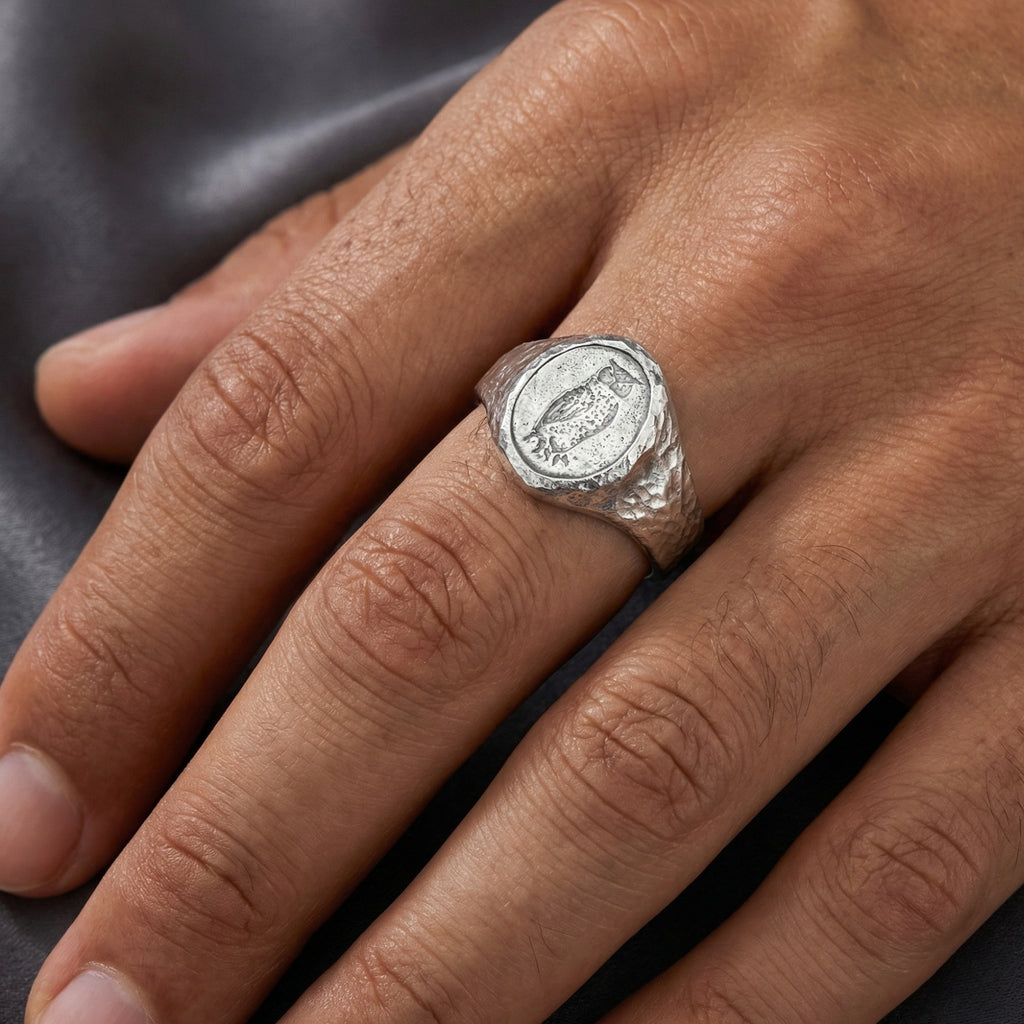Designer owl ring detail, 925 silver hammered finish, handcrafted statement jewelry by Turkish artisan
