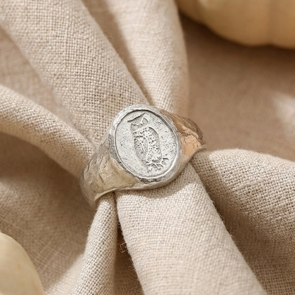 Authentic Turkish owl wisdom ring, handcrafted in Bodrum, symbol of wisdom, unique gift
