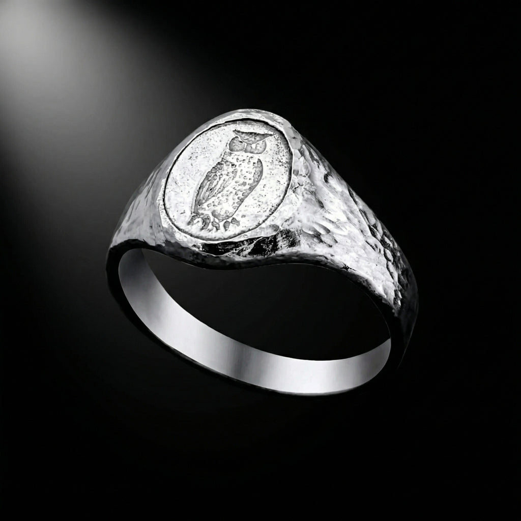 925 sterling silver owl ring, hammered artisan design, Turkish men's jewelry by Sultan
