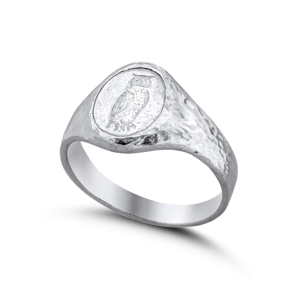 Handmade silver owl wisdom ring by Sultan, 925 sterling silver hammered design, Bodrum artisan jewelry
