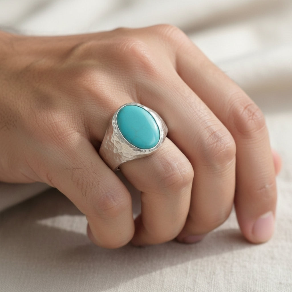 Turkish artisan turquoise ring with hammered band - authentic handmade craftsmanship from Bodrum atelier