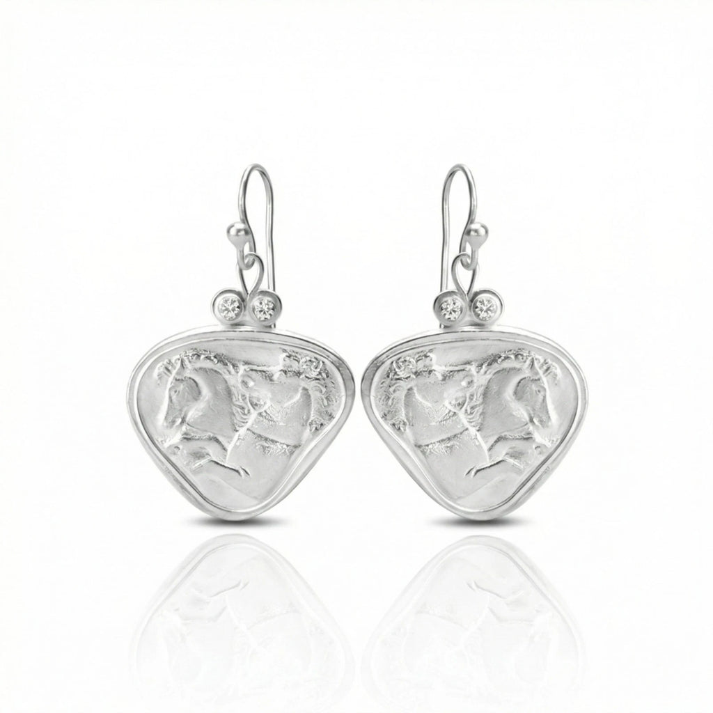 mustang horse coin dangle earrings in 925 sterling silver with white topaz handcrafted by Turkish designer Sultan in Bodrum

