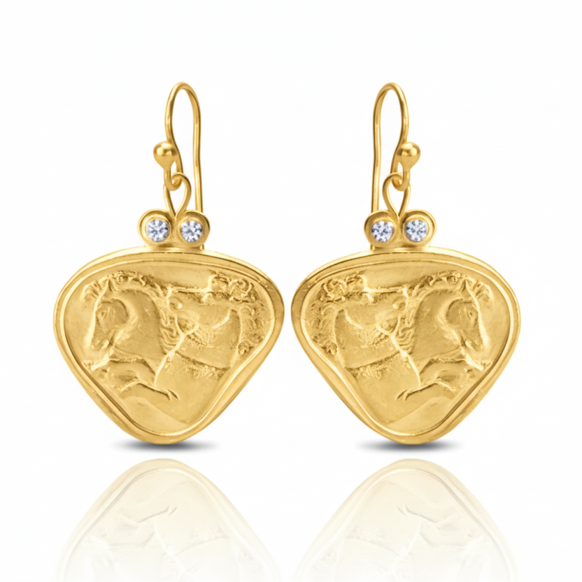 Close-up of mustang coin earrings showing ancient-inspired horse design with white topaz, 925 silver gold plated Turkish jewelry